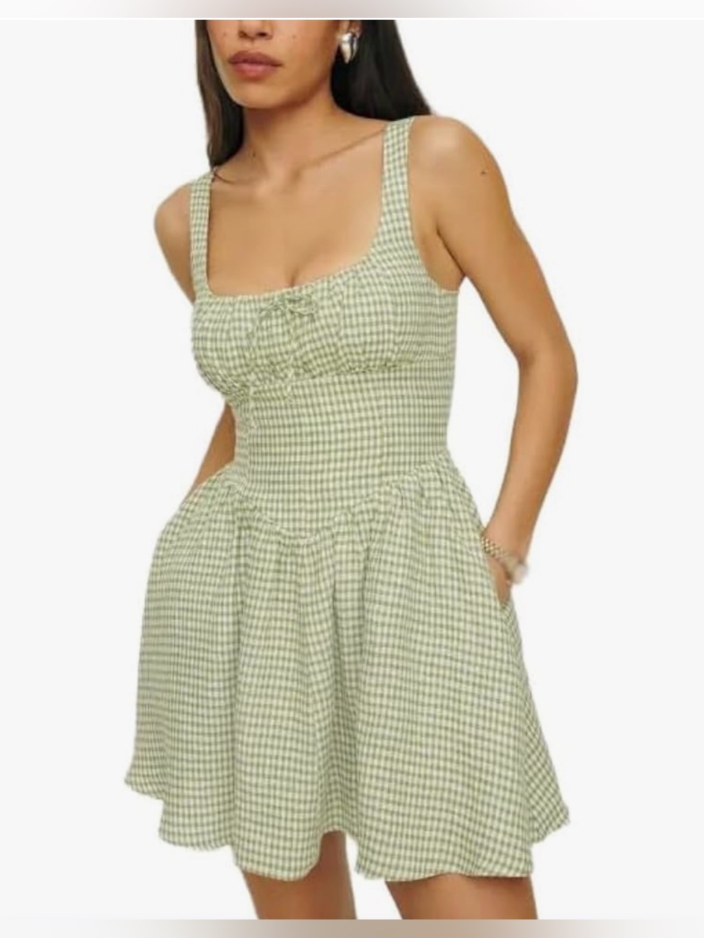 Rihoas Women's Green Gingham Square Neck Mini Dress With Pockets Size L